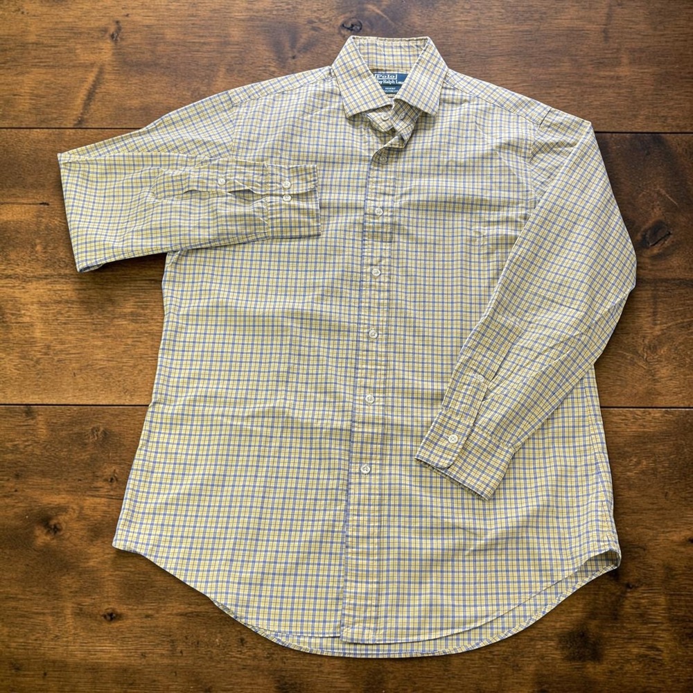 Polo Ralph Lauren Regent Custom Fit Yellow Blue Plaid Shirt 15.5 32/33 MEDIUM